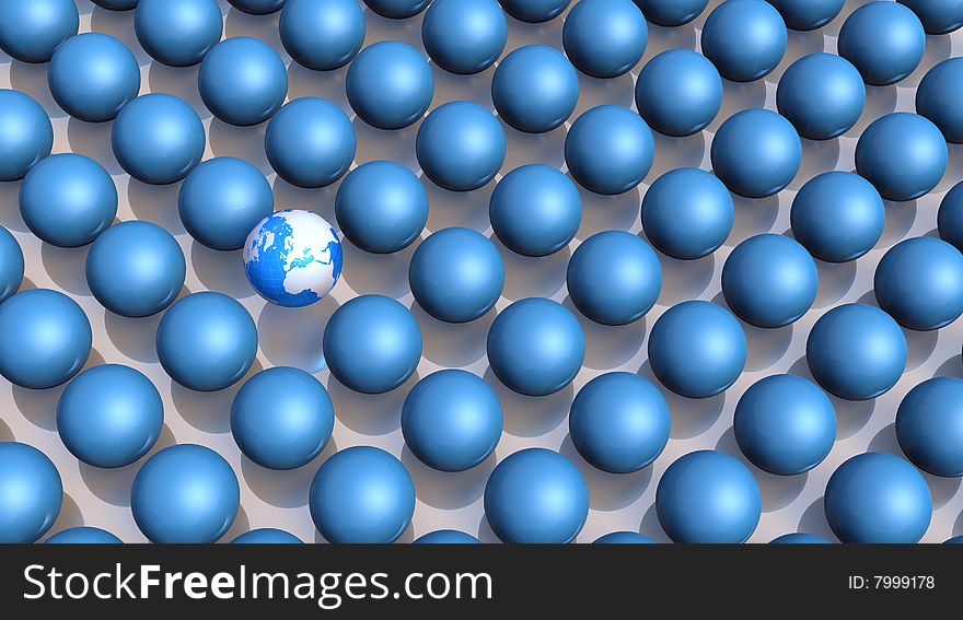 3D Rendered illustration of an earth globe among a crowd of blue, plain globes. 3D Rendered illustration of an earth globe among a crowd of blue, plain globes