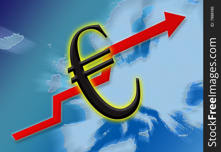 Euro symbol finance going up on european map background illustration. Euro symbol finance going up on european map background illustration