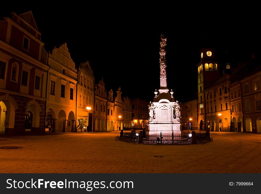 Picture of an old square in Trebon, Czech Republic, taken at night. Picture of an old square in Trebon, Czech Republic, taken at night