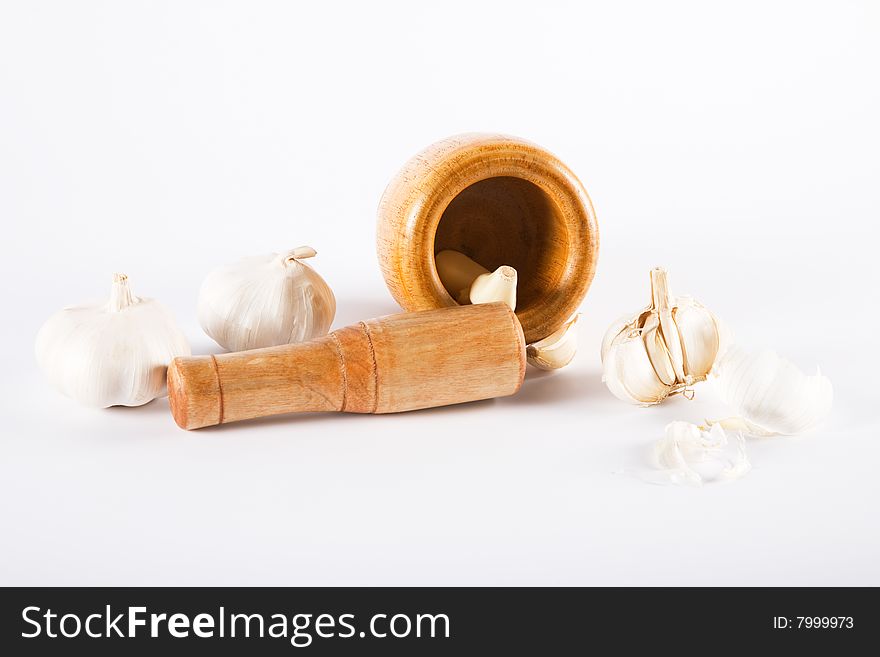 Mortar and pestle with garlic