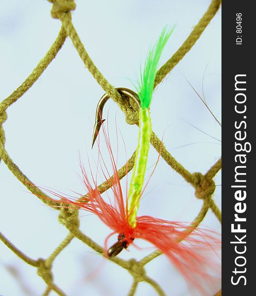 Single trout fly close-up hooked on fishing net. Single trout fly close-up hooked on fishing net.