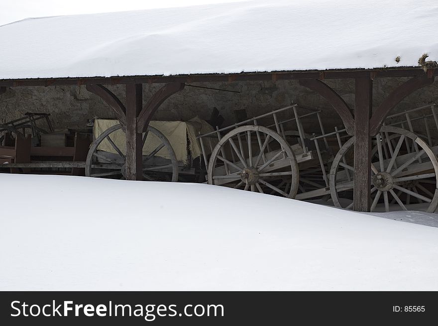 Red River carts waitnig for spring