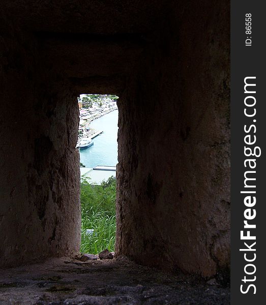 View from a fort window on a Caribbean island