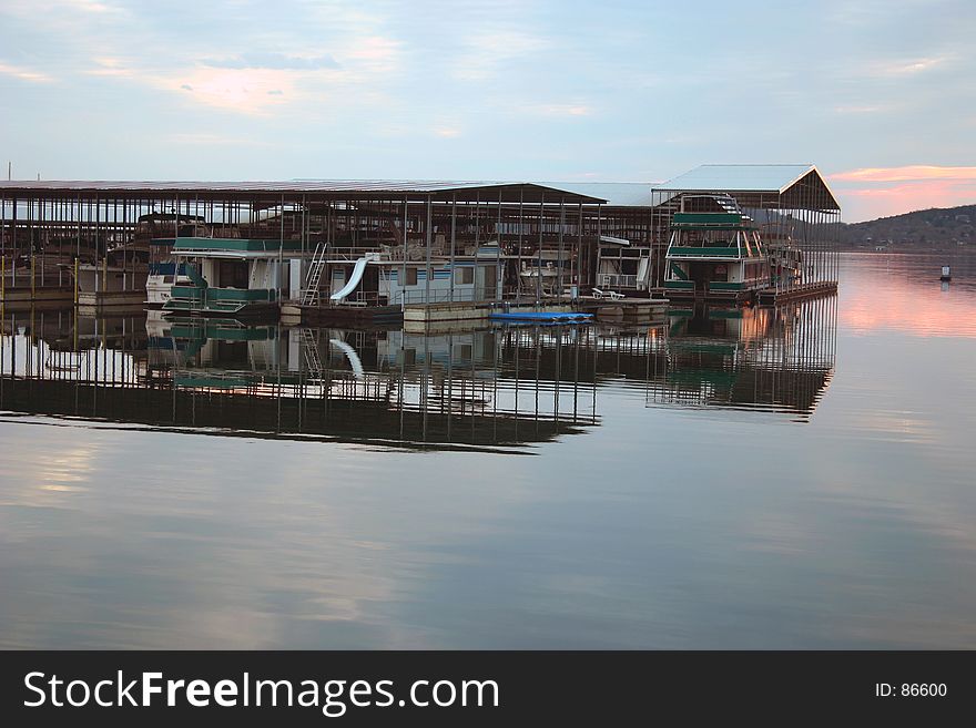 An interesting image of a boat dock on Table Rock Lake, Branson MO USA at sunset