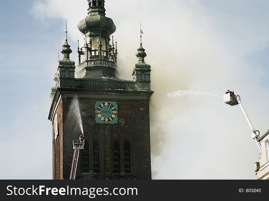 Fire on old clock tower