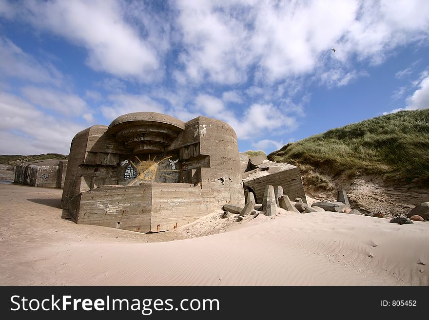 Bunker on a beach  in denmark a sunny summer day