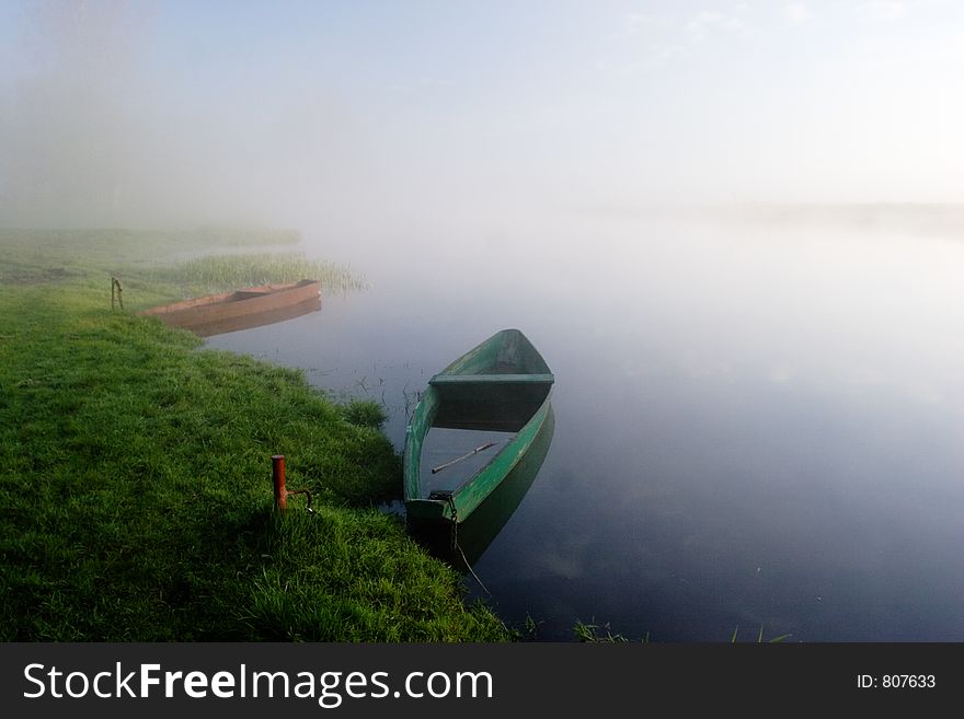 Early morning fog and fishing boat. Early morning fog and fishing boat