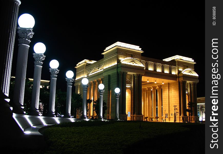 Nice Building at Night bellow a full moon, Quanzhou, China