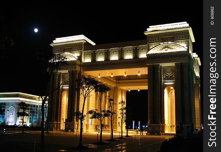 Nice Building at Night bellow a full moon, Quanzhou, China