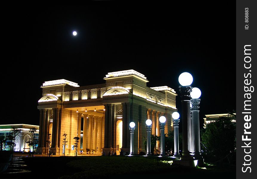 Nice Building at Night bellow a full moon, Quanzhou, China