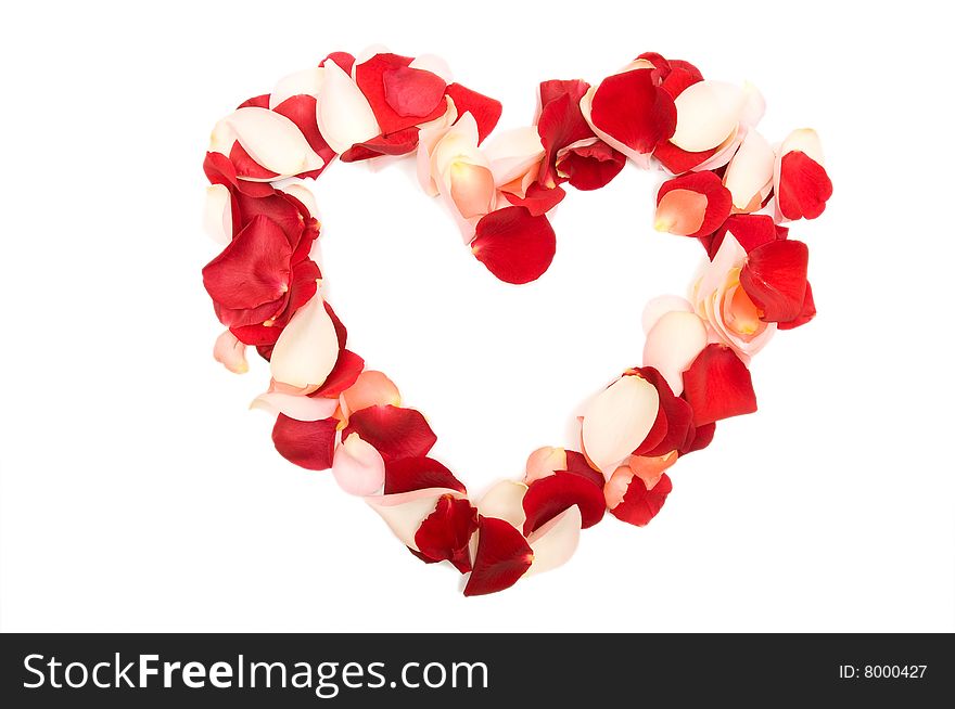 Heart made with petals on white background