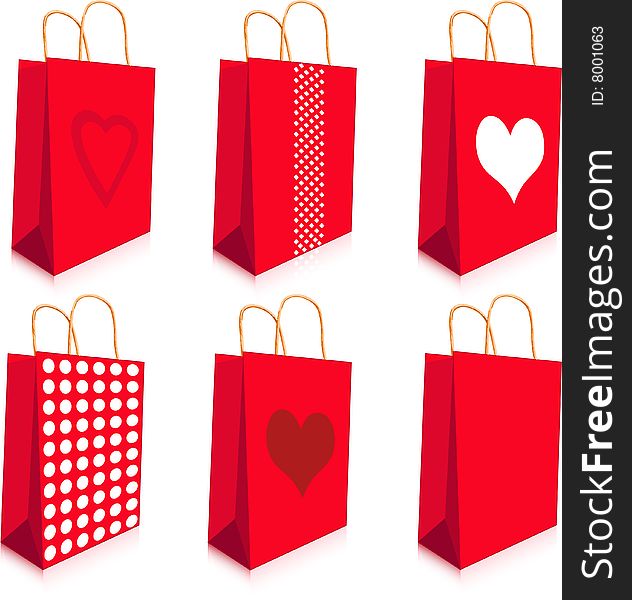 Empty paper shopping bags with handles. Valentine’s day design. Empty paper shopping bags with handles. Valentine’s day design