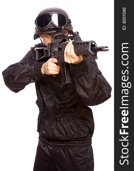 One soldier with the gun in the hands on a white background. One soldier with the gun in the hands on a white background