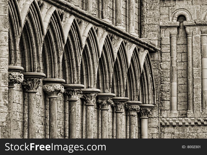 Gothic arches at the front tower of Ely Cathedral, Cambridgeshire, England