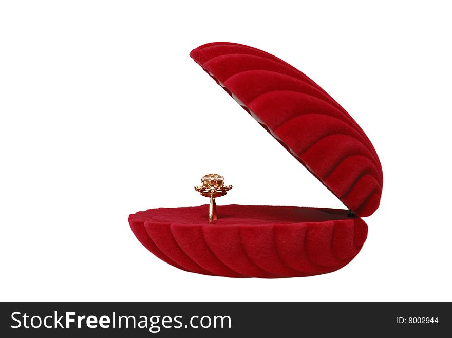 Golden ring in red box isolated over white background