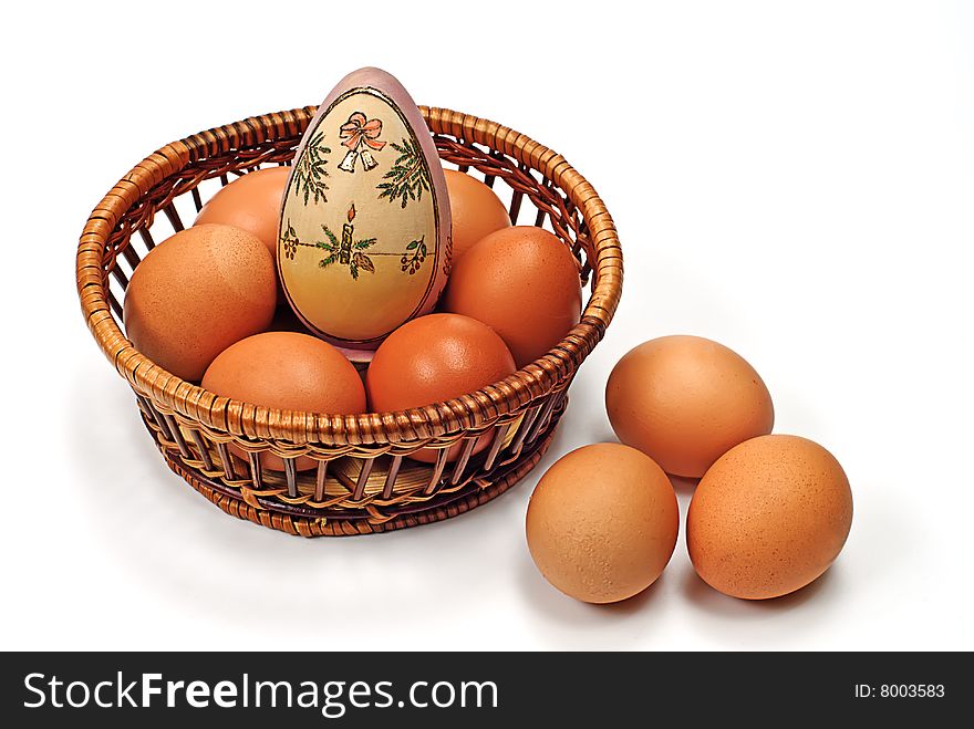 Easter egg in wooden basket. Easter egg in wooden basket