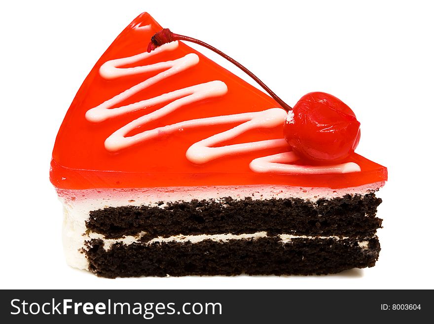 Chocolate pie with a cherry on a white background