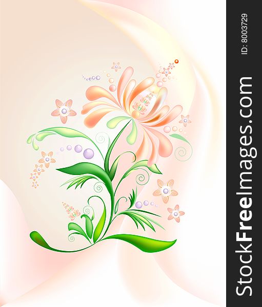 Stylization pink-orange flower with lilac berries on a tender background. Stylization pink-orange flower with lilac berries on a tender background