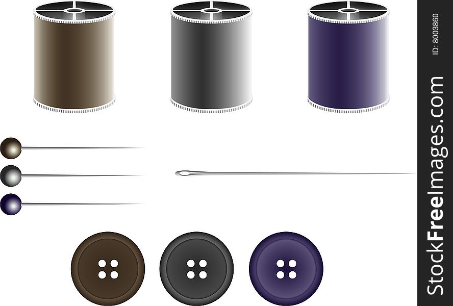 Vector illustration of a sewing kit for needlework or repairs including needle, pins, buttons and cotton on reels