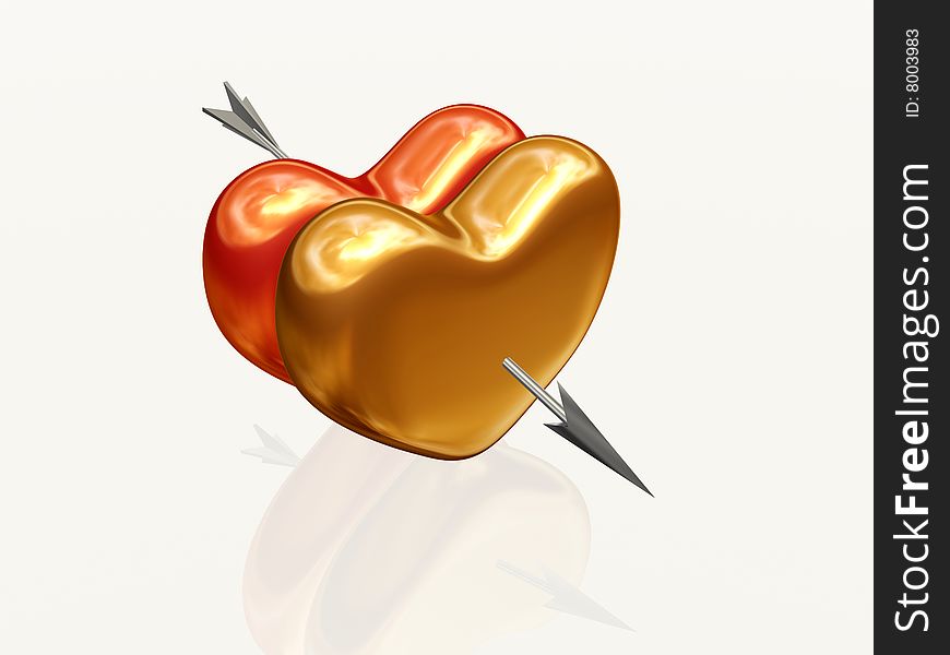 Two 3d hearts, red and golden, pierced together by arrow. Two 3d hearts, red and golden, pierced together by arrow