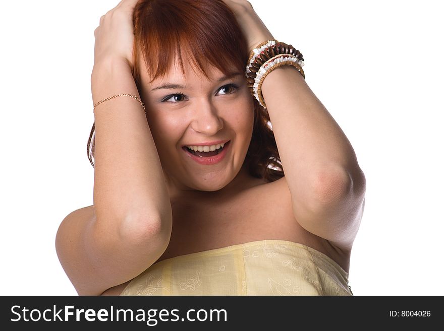 Young smiling woman hold your head with hands