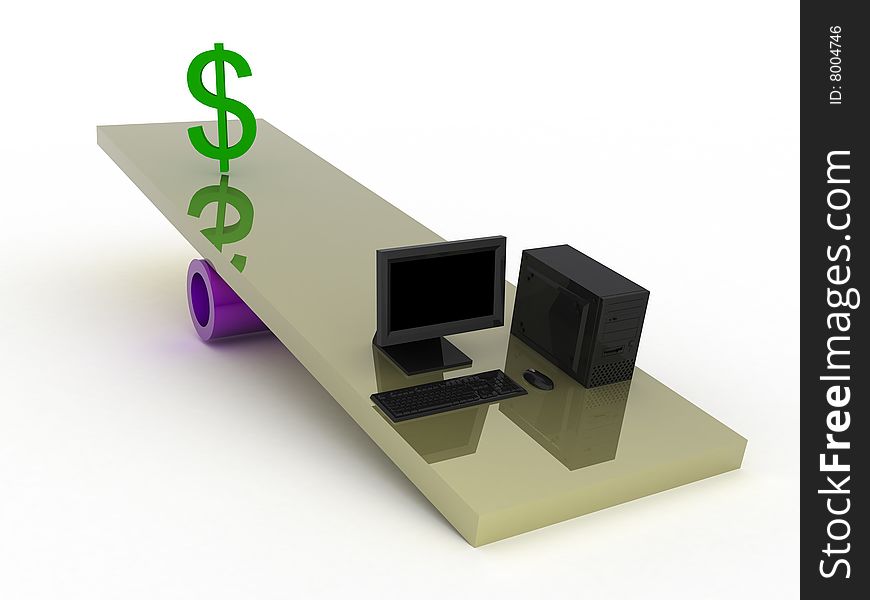Black computer and dollar on a swing. Black computer and dollar on a swing.