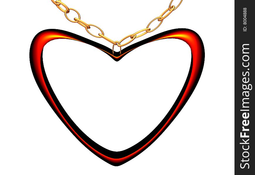 Medallion on a chain in the form of red heart.