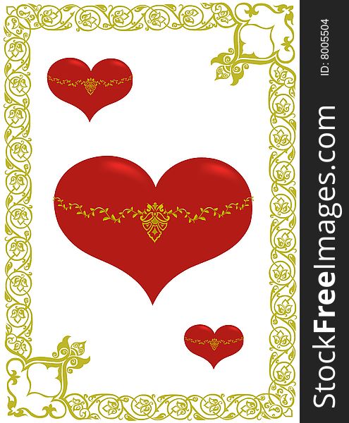 vector illustration of red hearts in golden decor frame. vector illustration of red hearts in golden decor frame