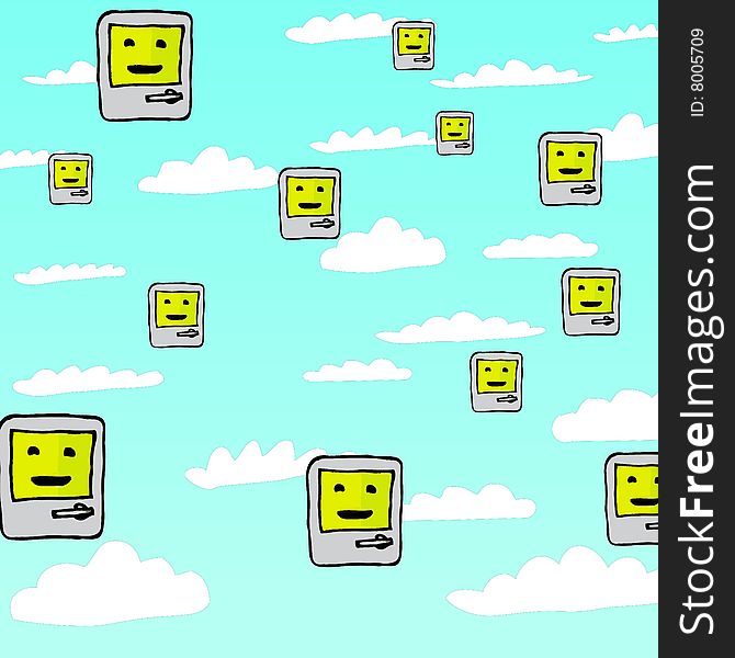 A group of simply drawn, but happy computers take to the skies. A group of simply drawn, but happy computers take to the skies.