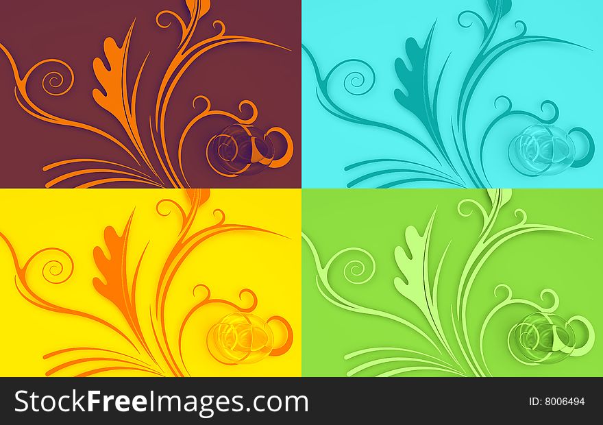 Four color pop-art like 3d easter eggs and floral background shapes. Four color pop-art like 3d easter eggs and floral background shapes.