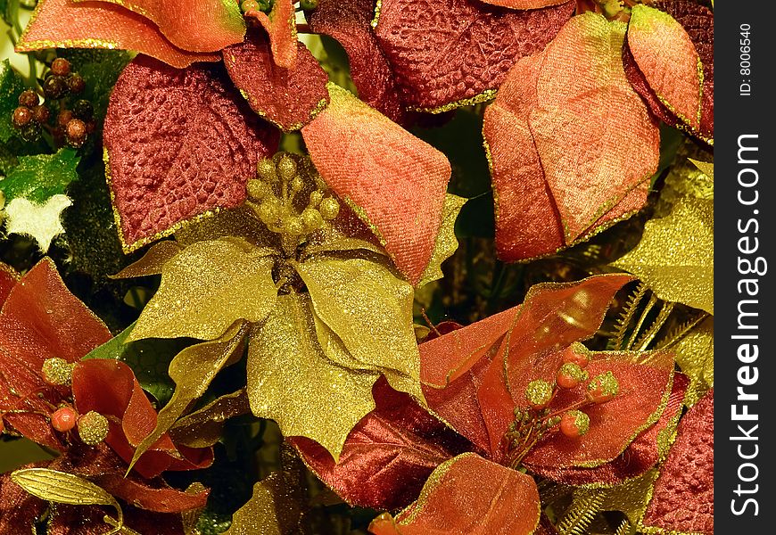 Bouquet or arrangement of artificial leaves and flowers usable for holidays and backgrounds. Bouquet or arrangement of artificial leaves and flowers usable for holidays and backgrounds.
