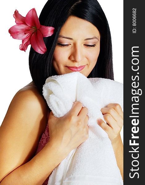 Beautiful young spa woman hugging a white towel. Beautiful young spa woman hugging a white towel.