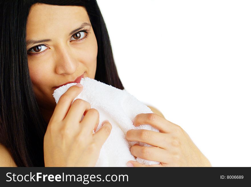 Beautiful spa woman against a white background.