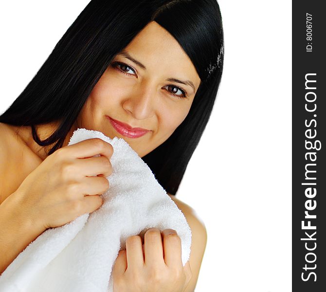 Close up of a spa woman hugging a white towel. Close up of a spa woman hugging a white towel.