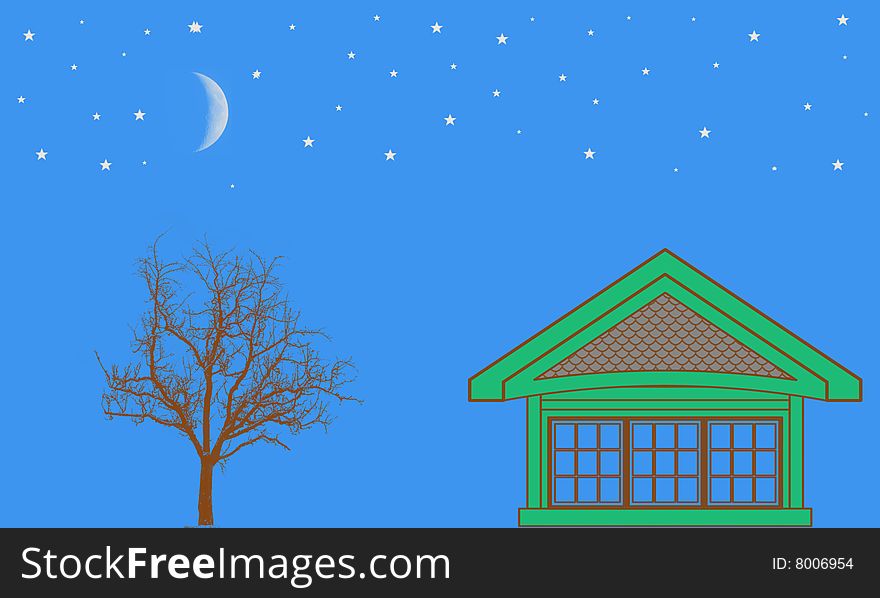 Illustration on a theme the moon over the house. Illustration on a theme the moon over the house