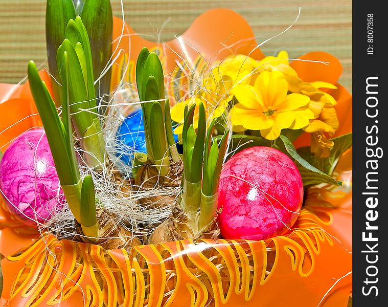 Easter eggs in a basket with colors