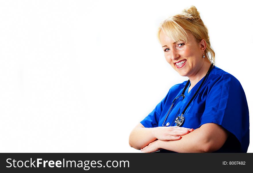 Happy smiling healthcare professional against a white background.