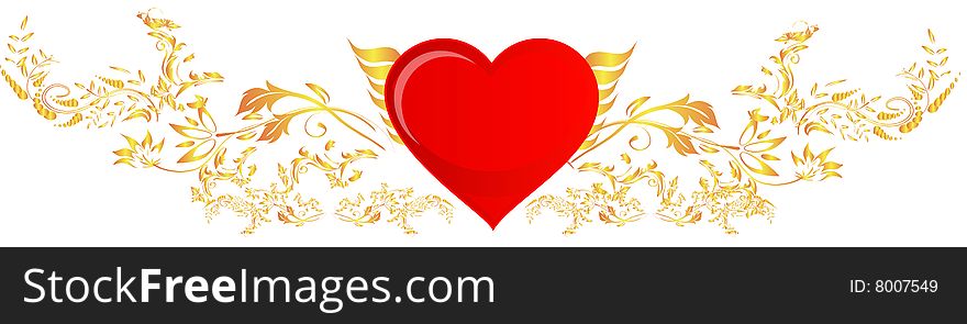 Red heart with golden floral art piece. Red heart with golden floral art piece