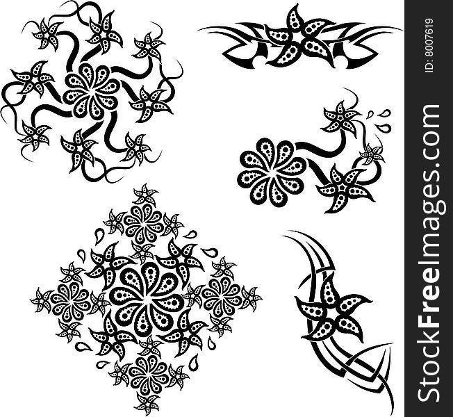 Set of 5 black and white floral ornaments designed for screenprinting. Set of 5 black and white floral ornaments designed for screenprinting