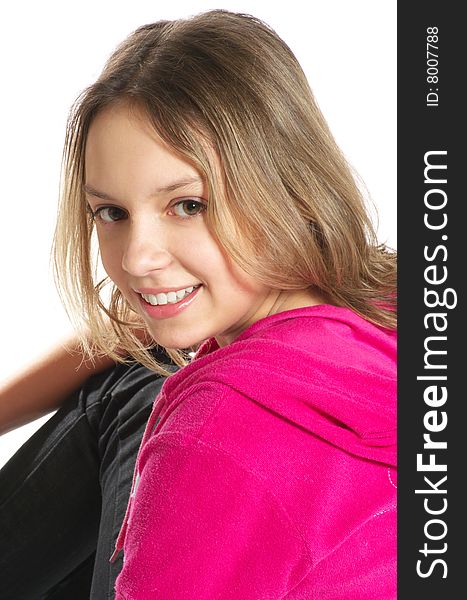 Laughing teenage girl on white background