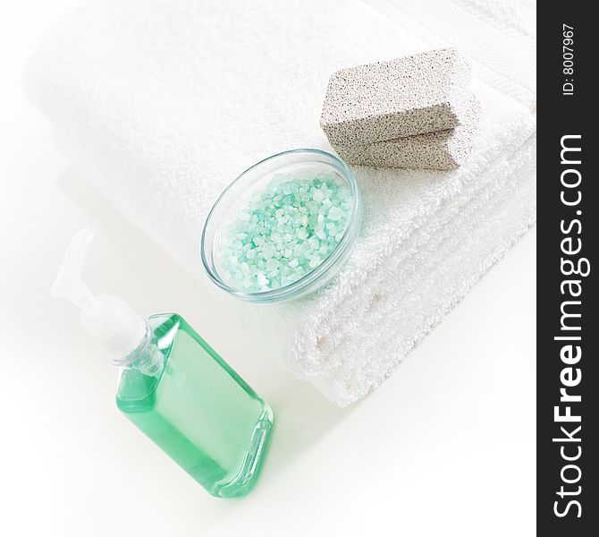 Bath products on display against a white background. Bath products on display against a white background.