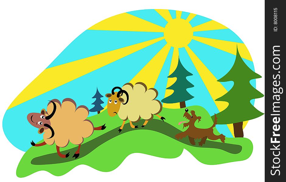 Cartoon sheep with a sheepdog in the forest vector