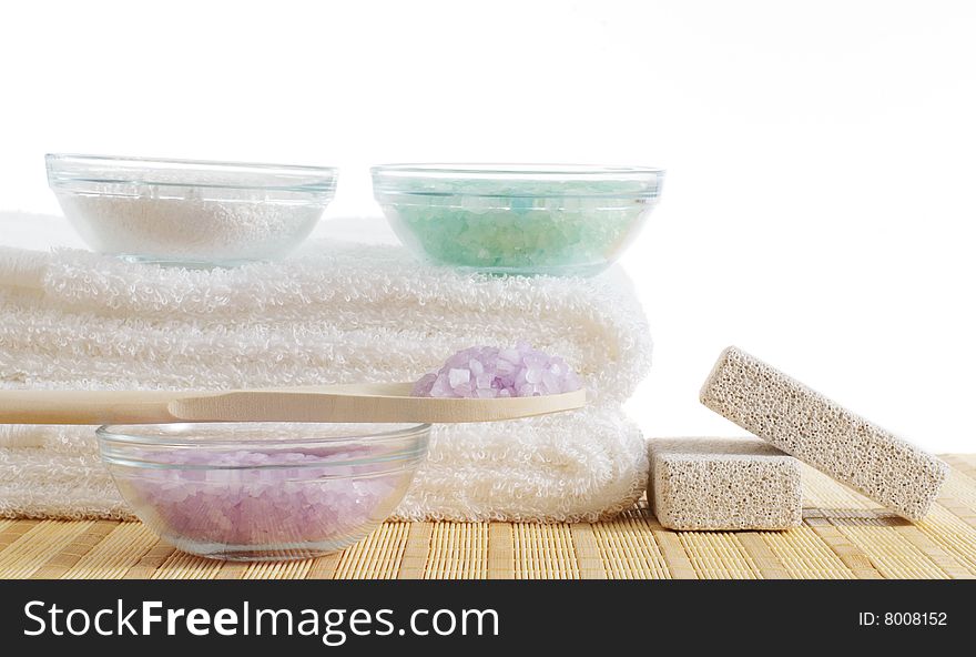 Bath products being displayed on a bamboo mat. Bath products being displayed on a bamboo mat.