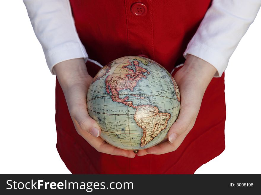 Young girl's hands holding a hold globe carefully. Young girl's hands holding a hold globe carefully