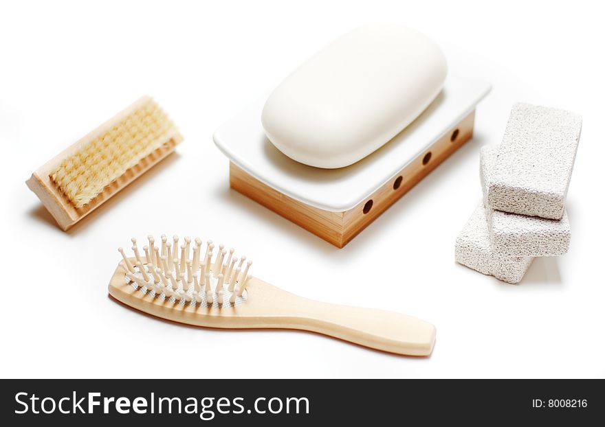 Bathroom supplies on display on a white background. Bathroom supplies on display on a white background.