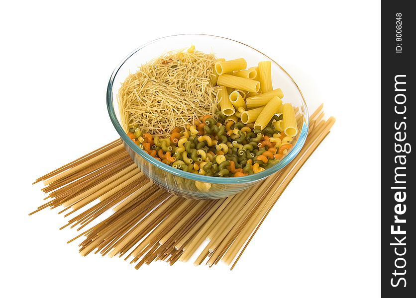 Colorful noodles in a bowl isolated on white