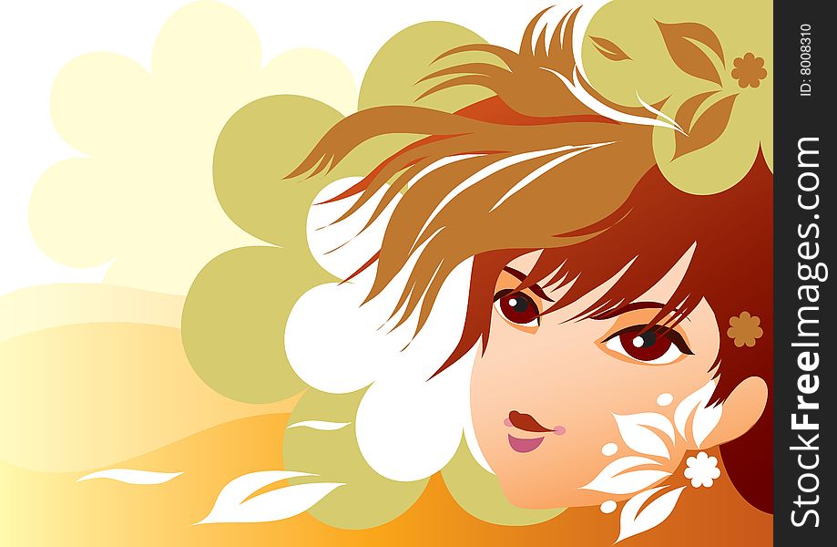 This illustration depicts a gold autumn is in appearance a girl