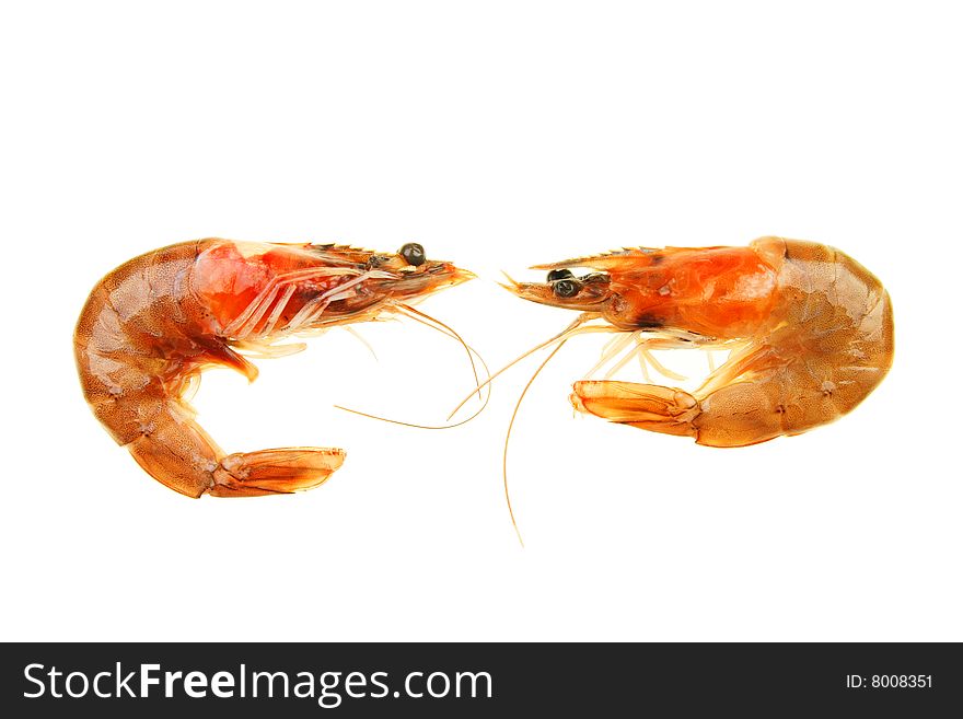 Two crevette prawns isolated on white. Two crevette prawns isolated on white