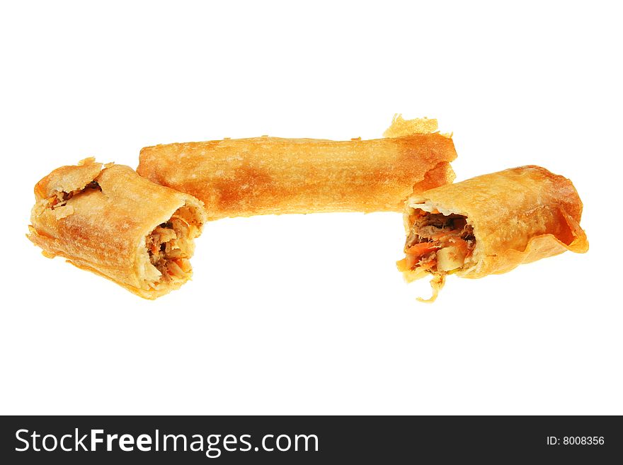Two Chinese pancake rolls isolated on white