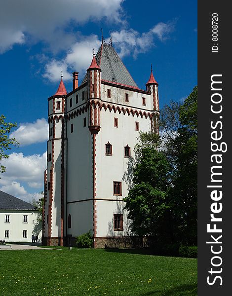 The white tower is part of the castle area  in the Czech Republic. Czech name - Hradec nad MoravicÃ­. The white tower is part of the castle area  in the Czech Republic. Czech name - Hradec nad MoravicÃ­